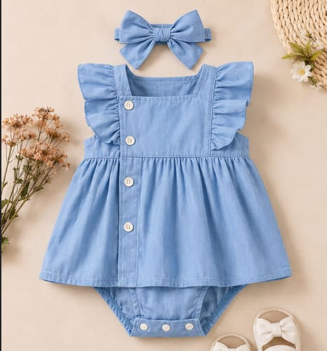 Baby Girls Blue Ruffle Romper Dress with Matching Headband – 2 Piece Outfit