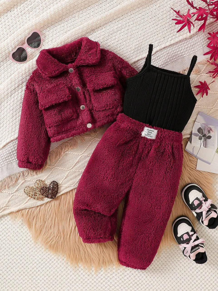 Baby Girls Burgundy Teddy Jacket Top and Pants Three Piece Set