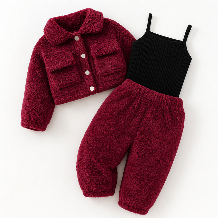 Baby Girls Burgundy Teddy Jacket Top and Pants Three Piece Set