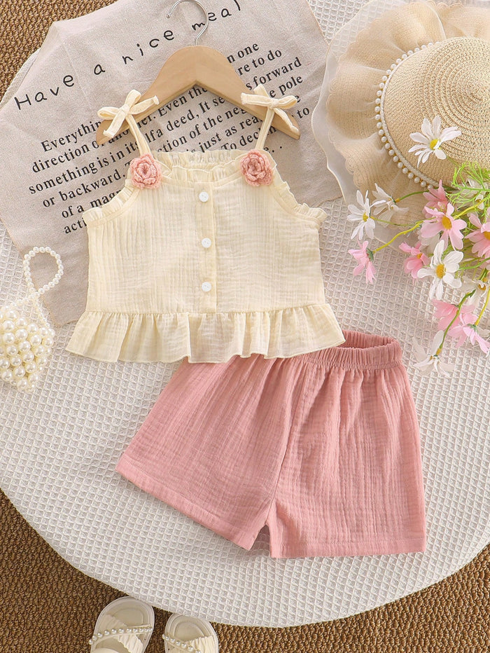 Baby Girls Cream Ruffle Cami Top & Pink Shorts Set