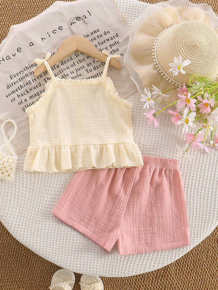 Baby Girls Cream Ruffle Cami Top & Pink Shorts Set