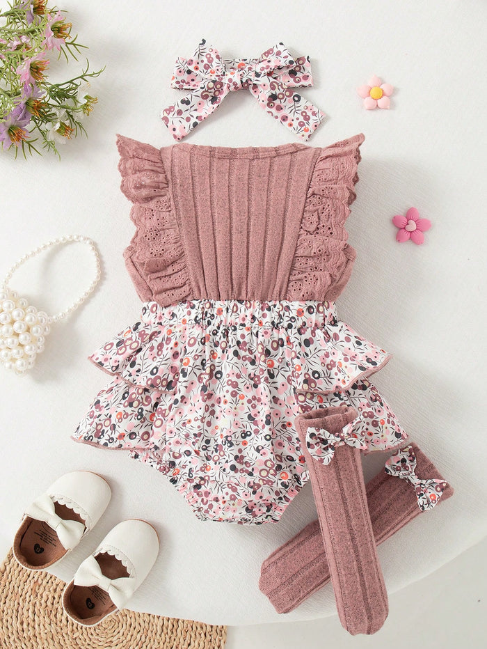 Baby Girls Mauve Floral Ruffle Romper Set with Headband & Socks