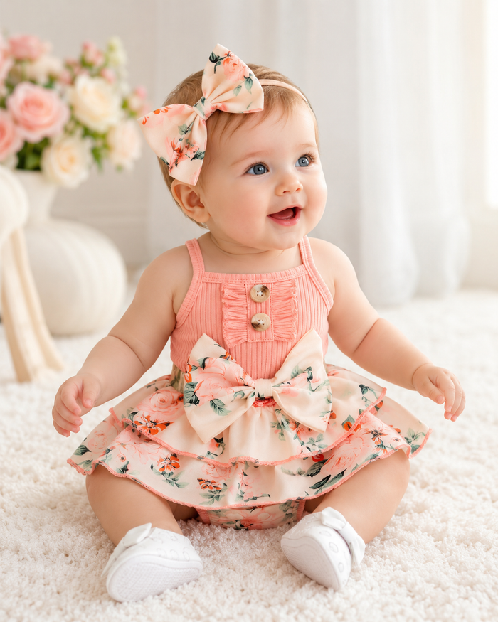 Baby Girls Peach Ribbed Top and Floral Skirt Romper with Bow
