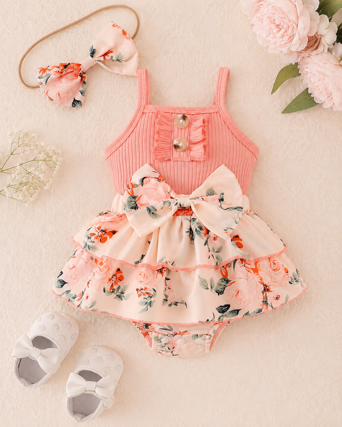 Baby Girls Peach Ribbed Top and Floral Skirt Romper with Bow