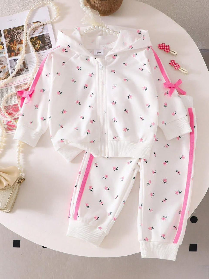Baby Girls White Floral Zip Hoodie Tracksuit with Pink Side Stripe