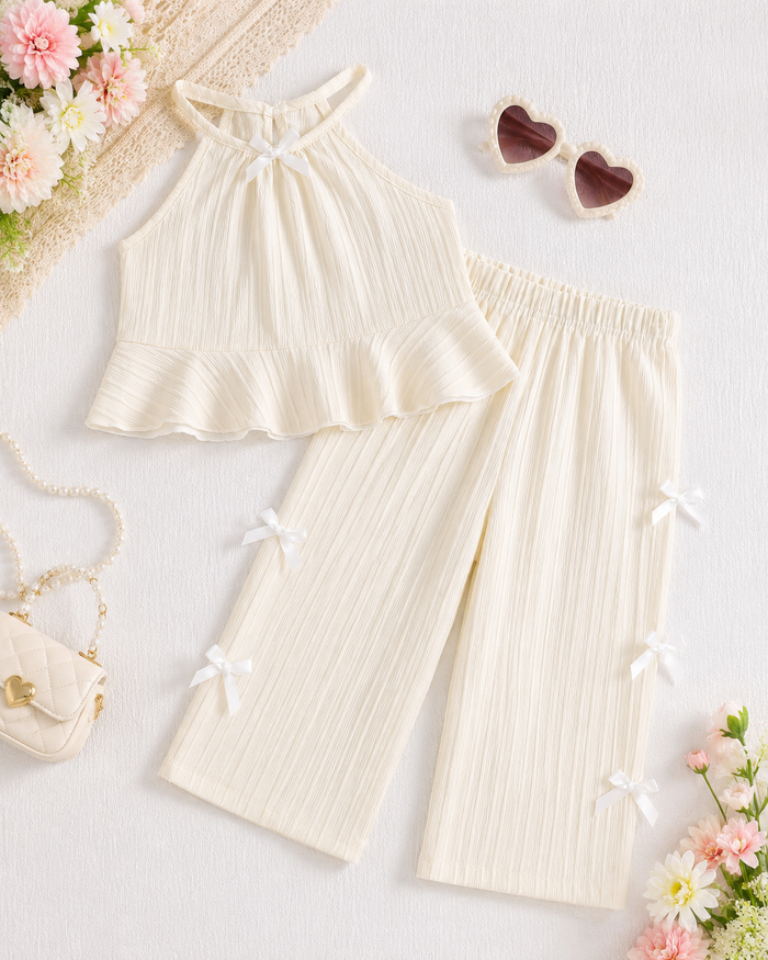 Baby Girls White Ribbed Peplum Top and Wide Leg Pants Set with Bow Details