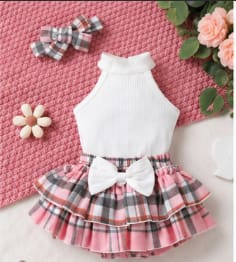 Baby Girls White Ribbed Top and Pink Plaid Layered Skirt Set with Bow