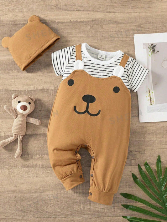 Baby Unisex Bear Face Striped T-Shirt Romper Set With Hat