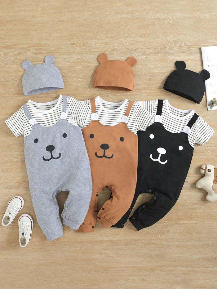 Baby Unisex Bear Face Striped T-Shirt Romper Set With Hat