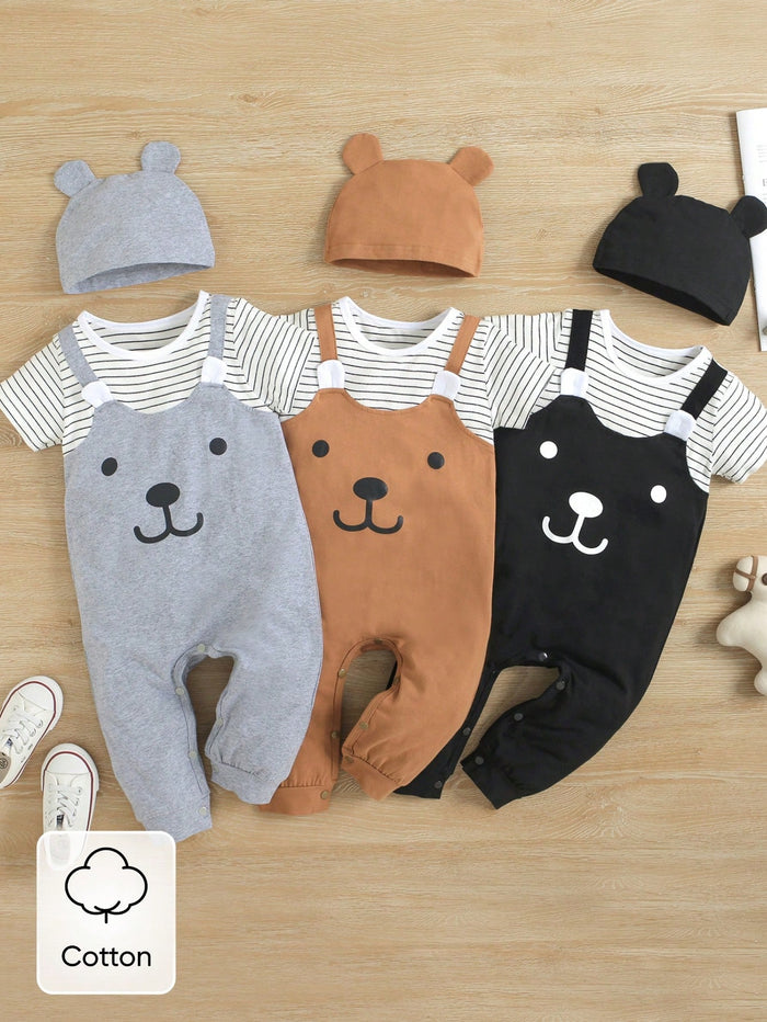 Baby Unisex Bear Face Striped T-Shirt Romper Set With Hat
