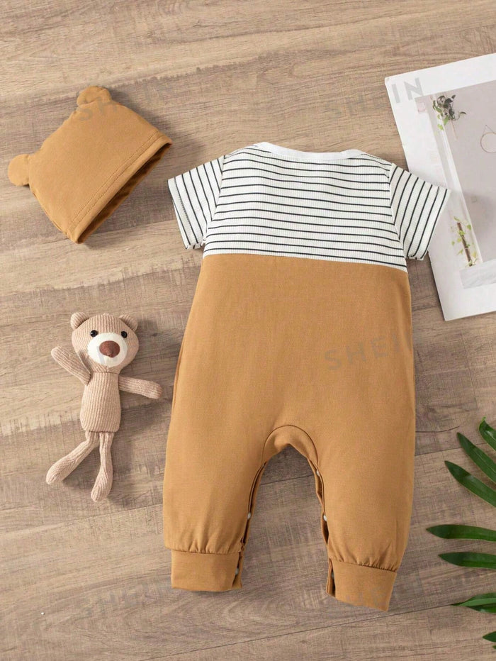 Baby Unisex Bear Face Striped T-Shirt Romper Set With Hat