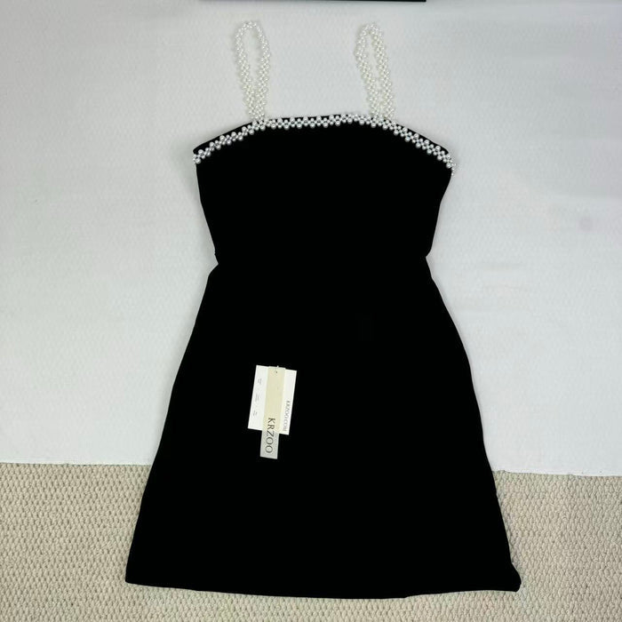 Beaded belt pure color short dress