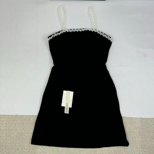 Beaded belt pure color short dress