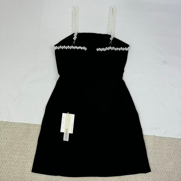 Beaded belt pure color short dress