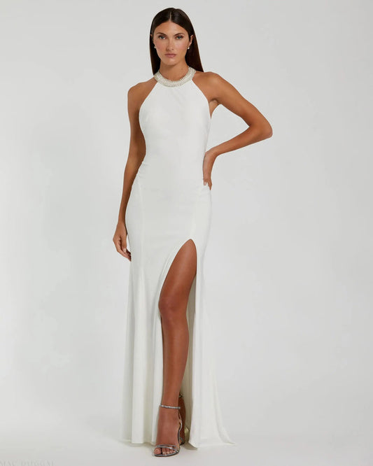 White Beaded Halter Jersey Gown - Mac Duggal
