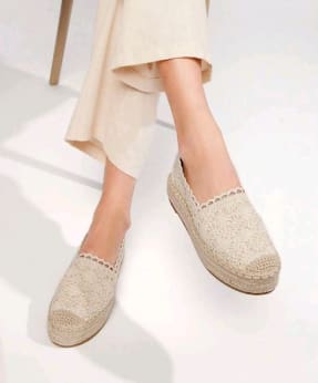 Beige Crochet Slip-On Espadrille Shoes for Women with Platform Braided Sole