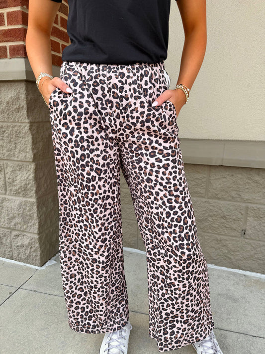 Beige Leopard Print Side Striped Detail Casual Wide Leg Pants