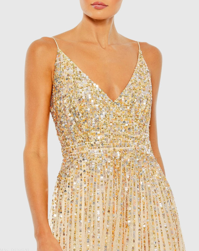 Beige Sequined Sleeveless Wrap Over A Line Gown - Mac Duggal