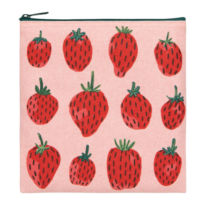 Pouch with strawberry pattern on a pink background