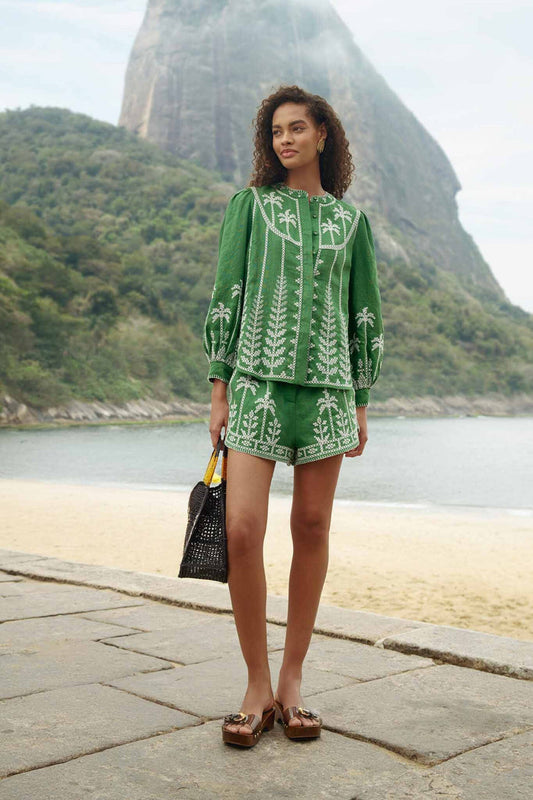 FARM Rio model wearing the Bicolor Cross Stich Embroidery Shorts