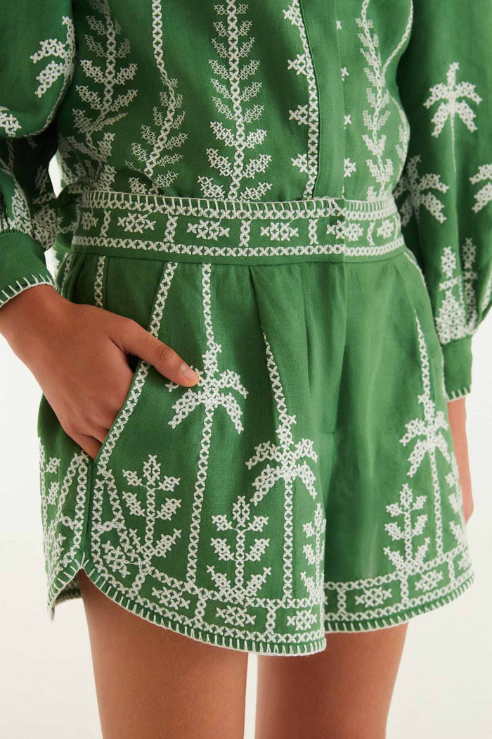 FARM Rio model wearing the Bicolor Cross Stich Embroidery Shorts