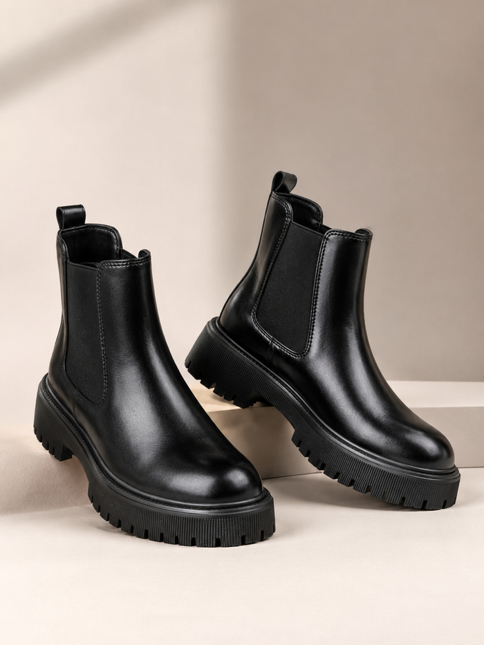 Black Chelsea Ankle Boots for Women with Chunky Platform Sole and Elastic Side Panels