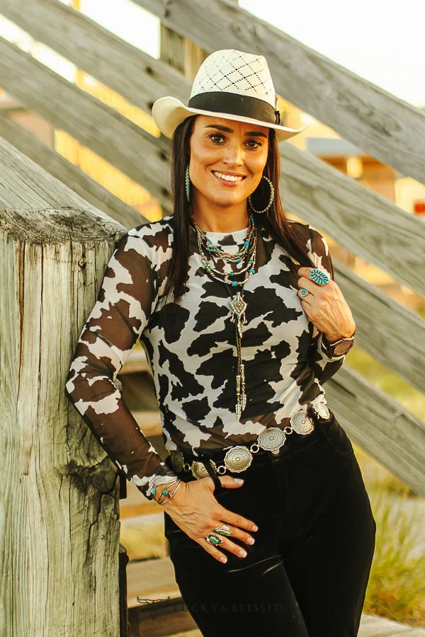 BLACK COW PRINT MESH TOP