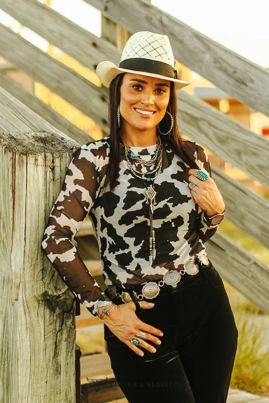 BLACK COW PRINT MESH TOP