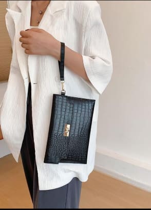 Black Crocodile Texture Clutch Bag, Elegant Wristlet Envelope Purse with Gold Lock