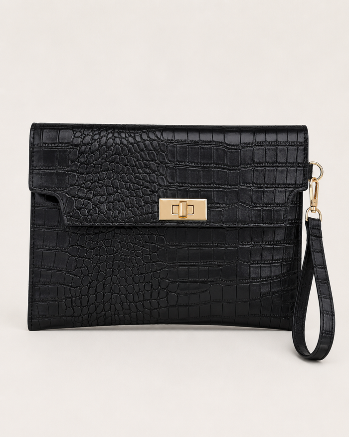 Black Crocodile Texture Clutch Bag, Elegant Wristlet Envelope Purse with Gold Lock