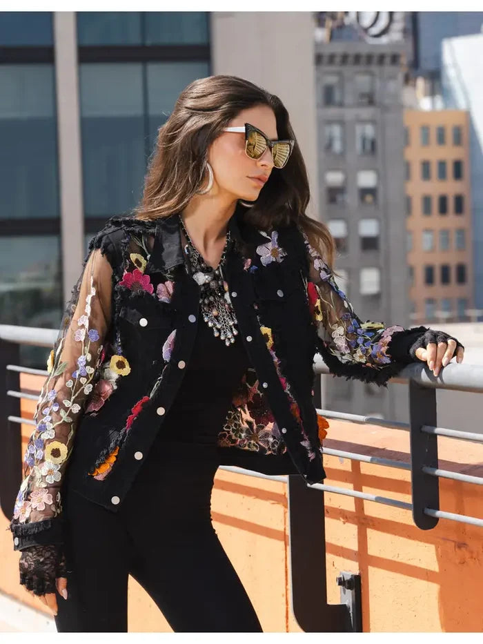 Black Denim Lace Jacket with Floral