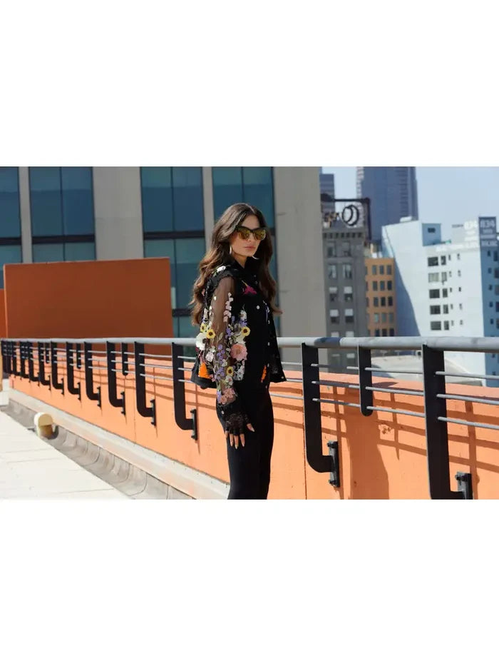 Black Denim Lace Jacket with Floral