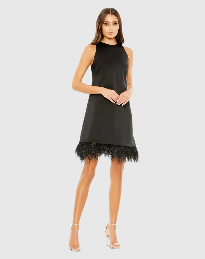 Black Feathered Hem High Neck Sleeveless Trapeze Dress - Ieena for Mac Duggal