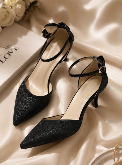Black Glitter Pointed Toe Ankle Strap Heels, Elegant Women’s Party Pumps with Bow Detail