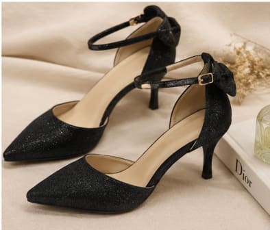 Black Glitter Pointed Toe Ankle Strap Heels, Elegant Women’s Party Pumps with Bow Detail
