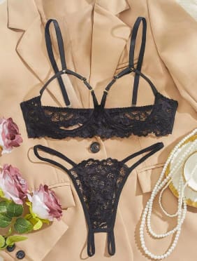 Black Lace Women’s Lingerie Set with Strappy Bra and Matching Panty