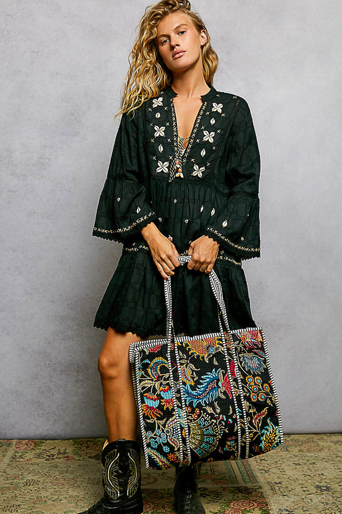 BLACK MULTI PRINT QUILTED TOTE BAG
