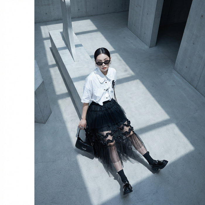 Jupe longue plissée noire multicouche - K-fashion femme