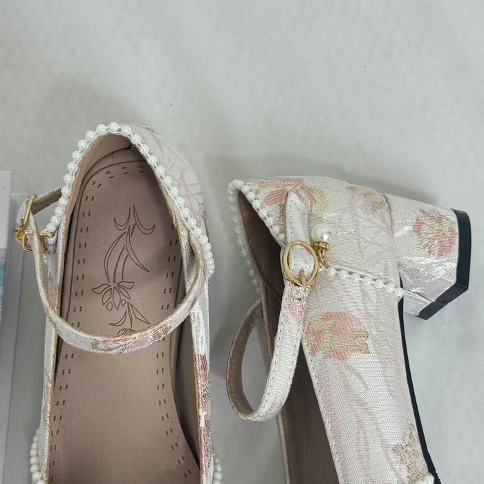 Block-Heel Shoes With Pearl-Embellished Straps