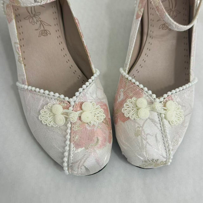 Block-Heel Shoes With Pearl-Embellished Straps