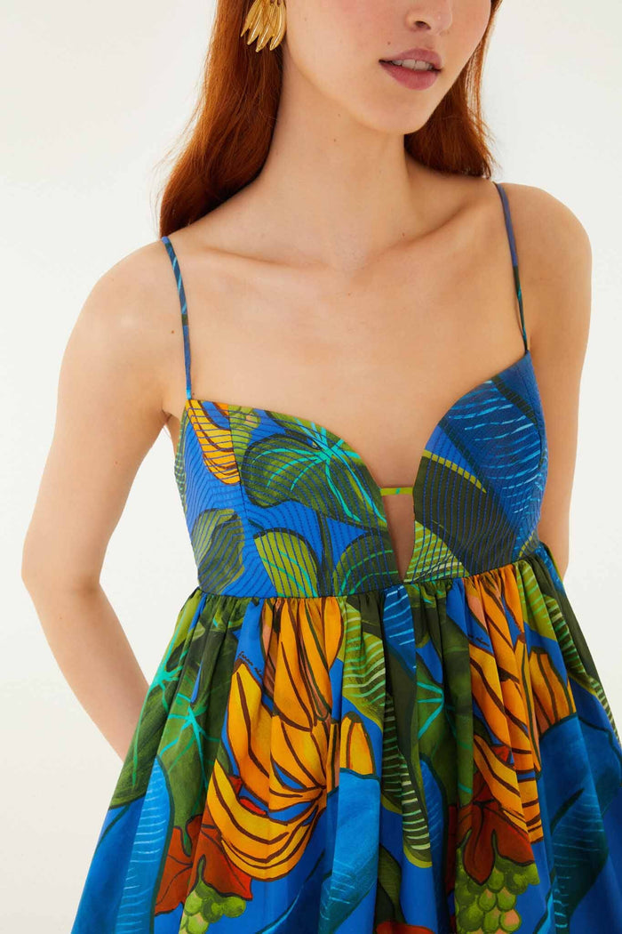 FARM Rio model wearing the Blue Banana Grapes Sleeveless Organic Cotton Mini Dress
