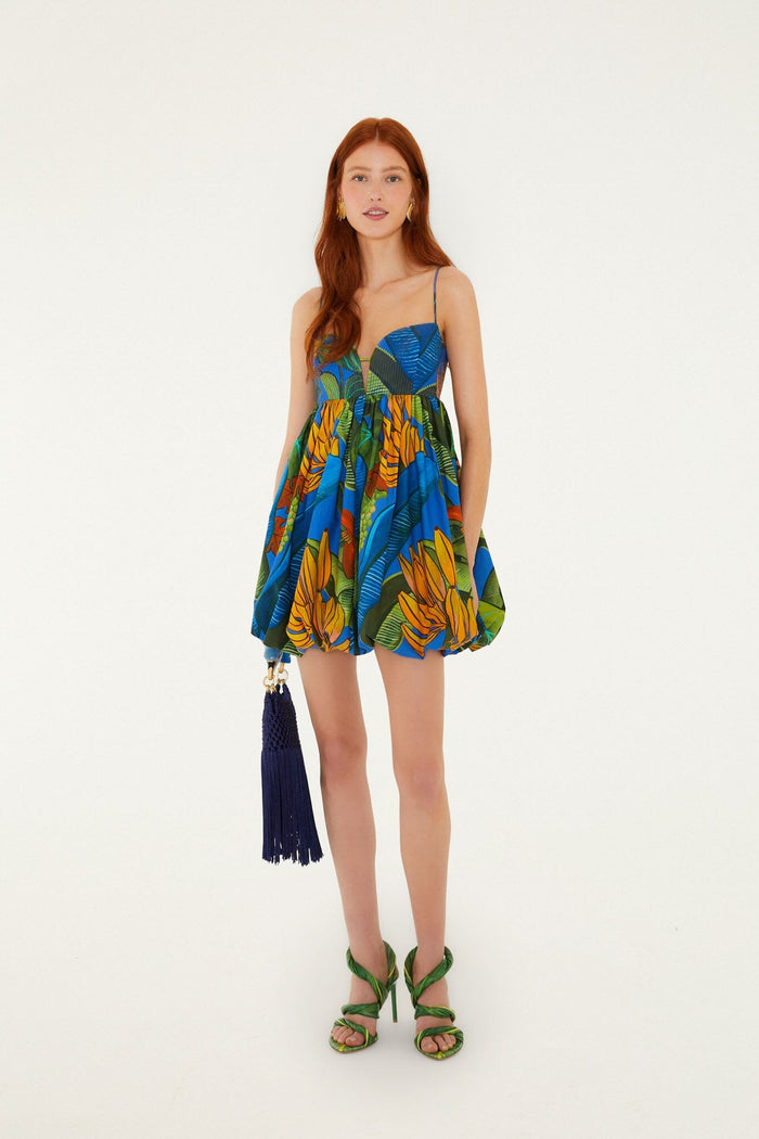 FARM Rio model wearing the Blue Banana Grapes Sleeveless Organic Cotton Mini Dress