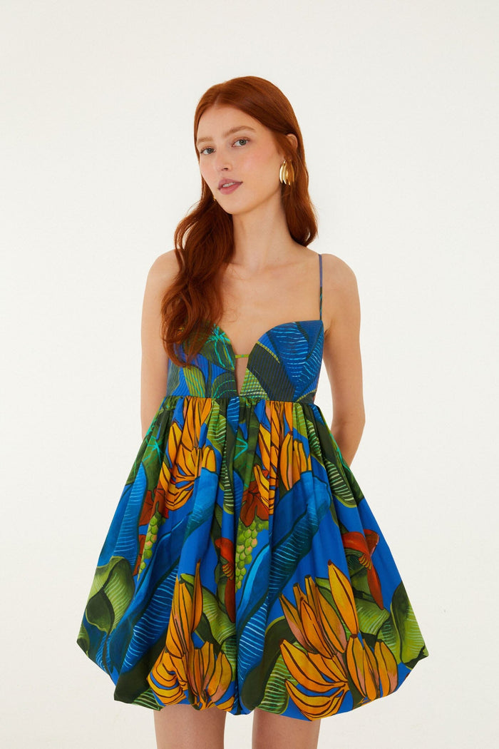 FARM Rio model wearing the Blue Banana Grapes Sleeveless Organic Cotton Mini Dress
