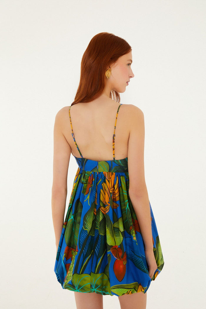 FARM Rio model wearing the Blue Banana Grapes Sleeveless Organic Cotton Mini Dress