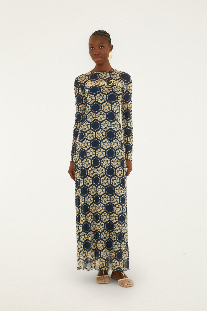 FARM Rio model wearing the Blue Farm Club Long Sleeve Maxi Dress