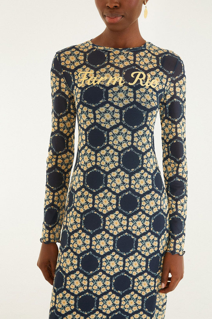 FARM Rio model wearing the Blue Farm Club Long Sleeve Maxi Dress