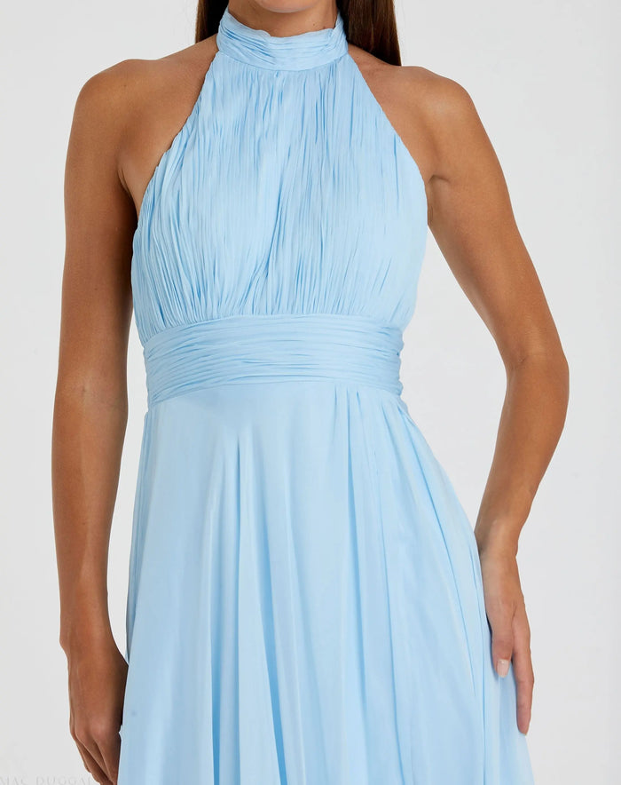 Blue High Neck Tiered Chiffon Halter Gown - Mac Duggal
