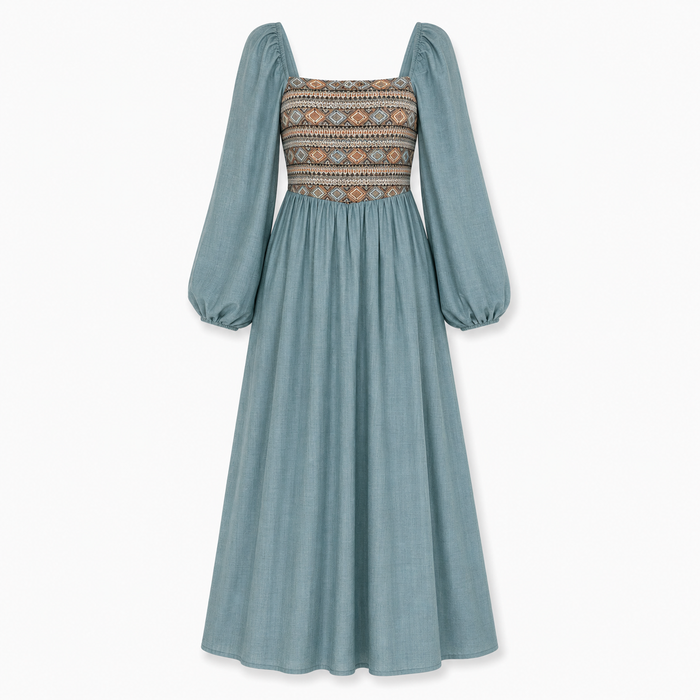 Blue Puff Sleeve Boho Maxi Dress with Embroidered Bodice