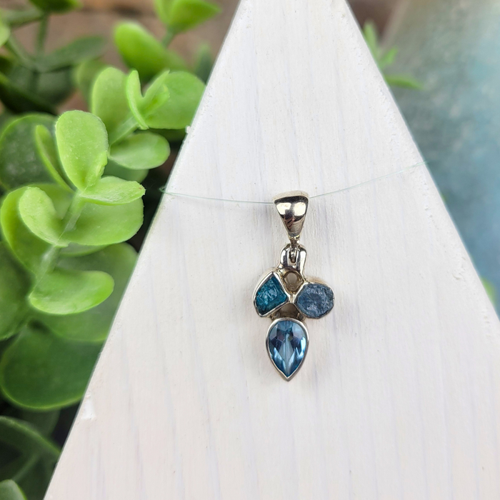 Blue Topaz, Neon Apatite & Aquamarine sterling silver Pendant