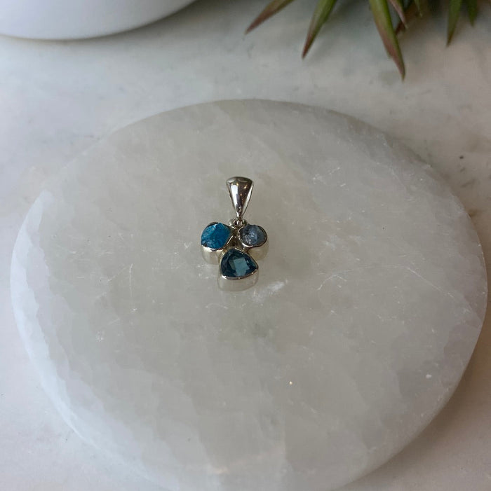 Blue Topaz, Neon Apatite & Aquamarine sterling silver Pendant